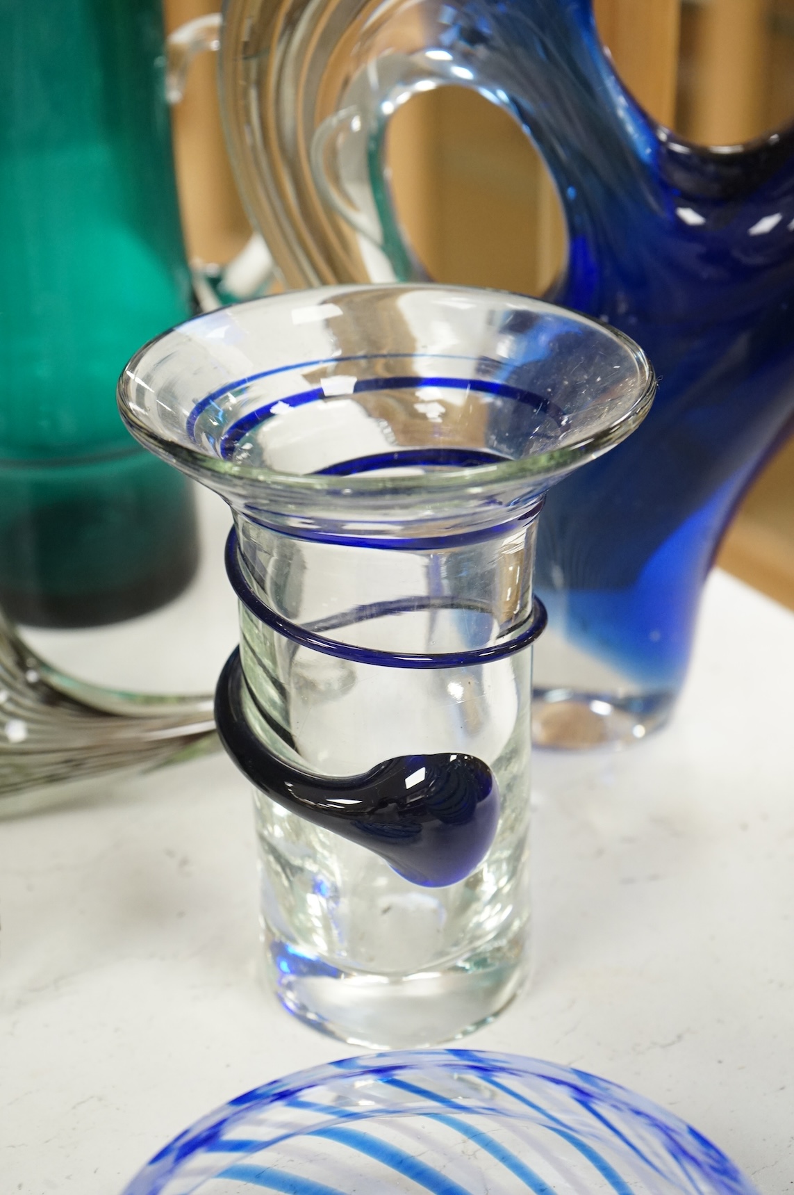 A collection of mid century and later art glass vases and ornaments, largest 39cm high